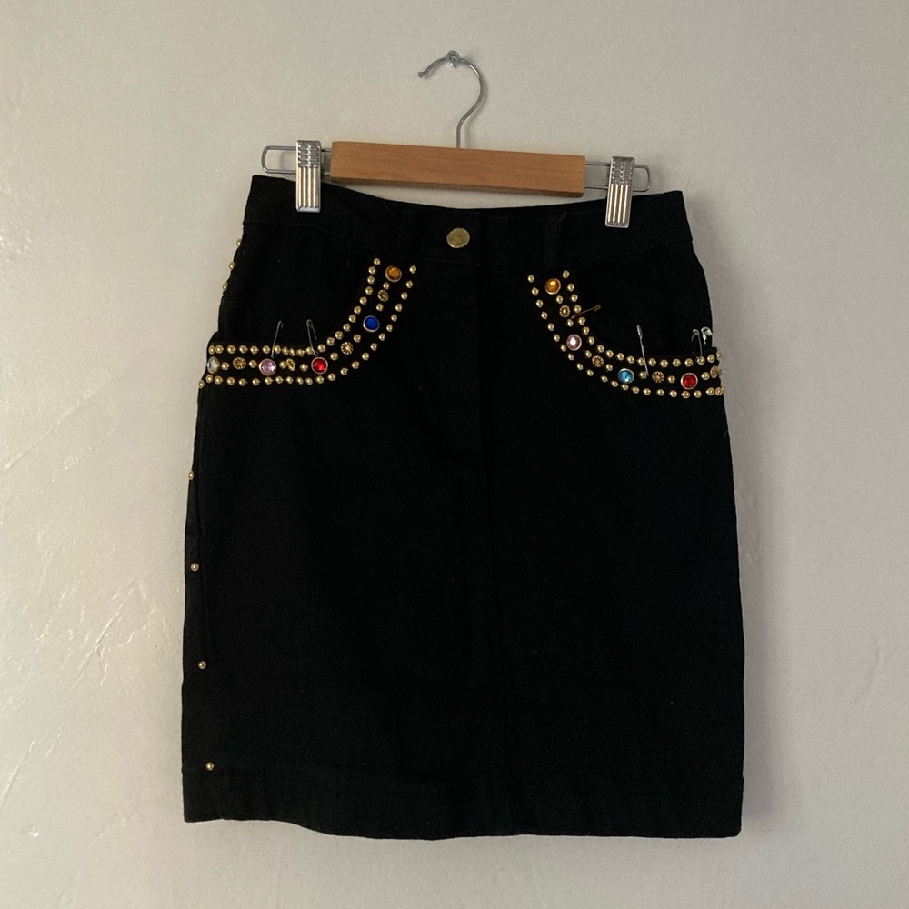 Black denim pencil rhinestone skirt XS 2 bedazzled